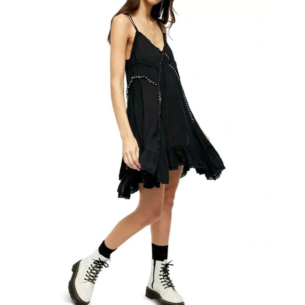 Free People Slip Dress Womens Size XS Black Ruffle Hem Studded Swing Trapeze $88